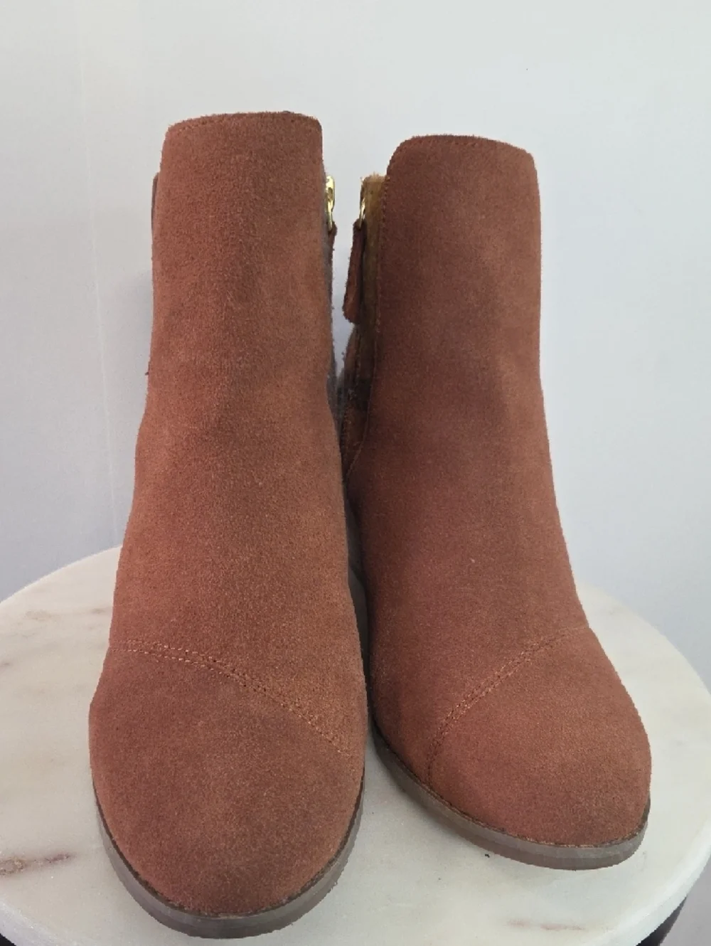 Toms Brown Suede Wedge Ankle Boots with Plaid Heel Size 8.5